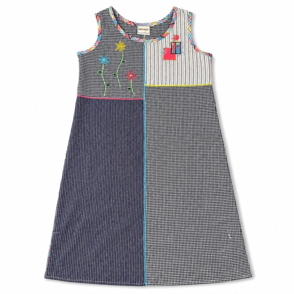 Napa Valley Embroidered Patchwork Maxi Dress Size M Sleeveless Navy Gingham